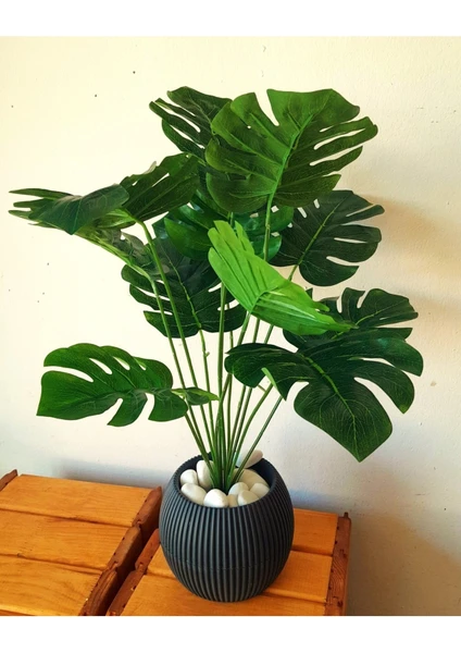 Saksıda Devetabanı Monstera Yapay Çiçek 12 Dal 60 cm Salon Çiçeği